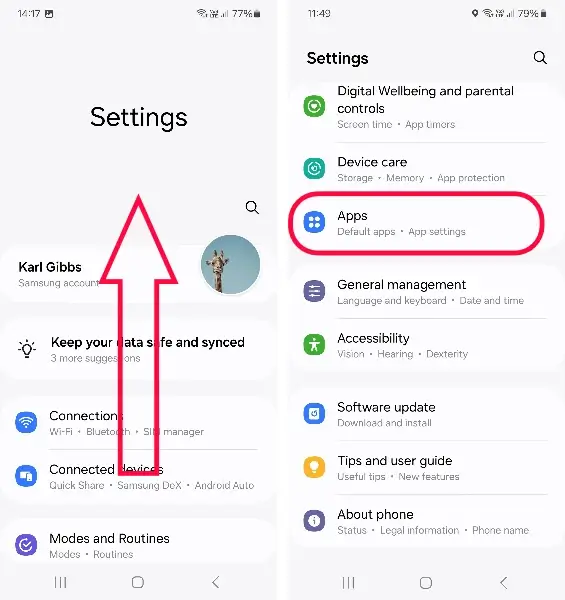 Showing how to find 'Apps' in Android Settings screen.
