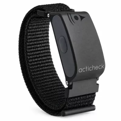 Acticheck personal alarm wristband with a black fabric strap