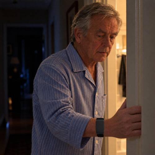 Older man getting up at night in his pyjamas, wearing an Acticheck wristband