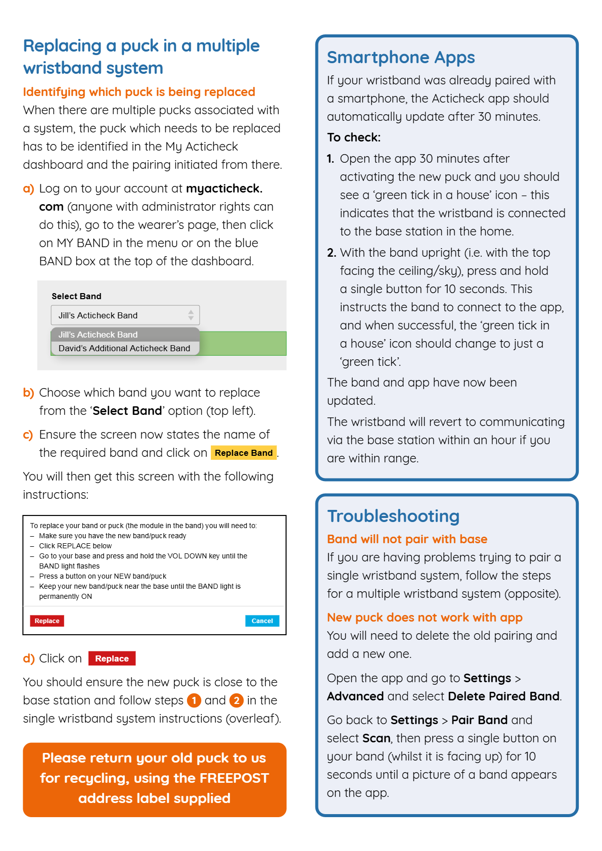 Leaflet: replacing a puck in a multiple wristband system, and using the smartphone app