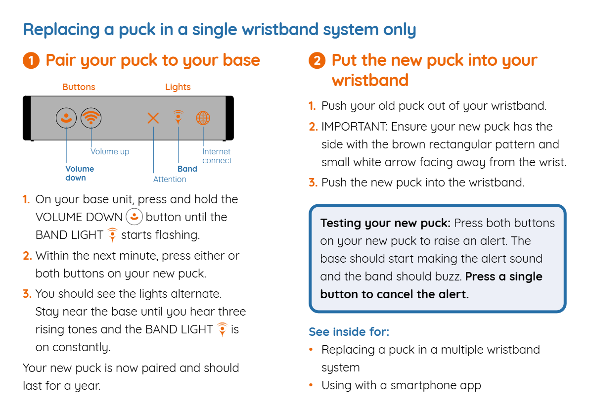 Leaflet: replacing a puck in a single wristband system