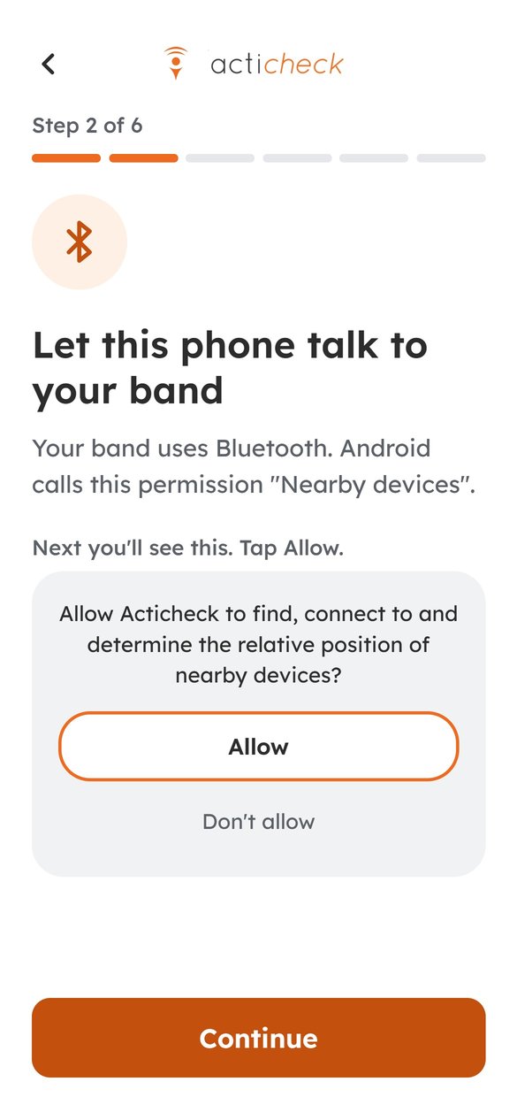 Step 2: letting the phone talk to your band. Android asks to allow Nearby devices