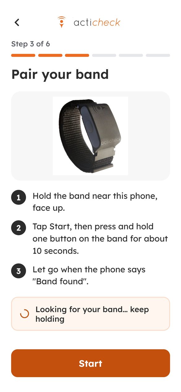 Step 3: pairing the band. Hold it near the phone, tap Start, then press and hold one button