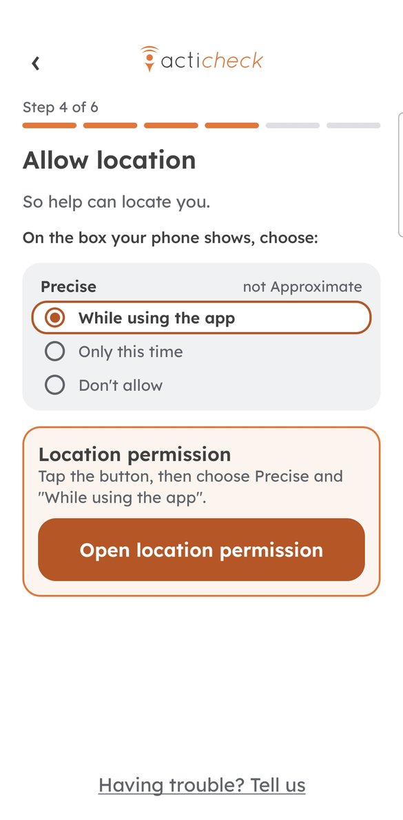 Step 6: the Allow location screen. Choose Precise and While using the app, then tap Open location permission