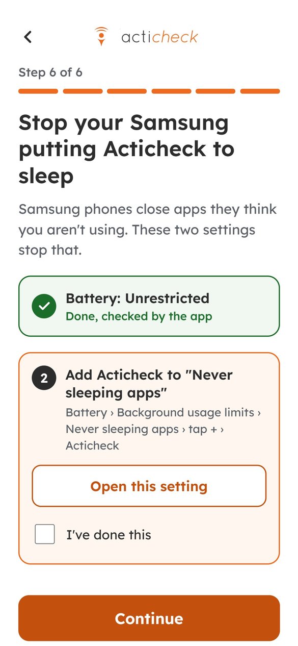 Step 6 on a Samsung phone: battery set to Unrestricted, and adding Acticheck to Never sleeping apps