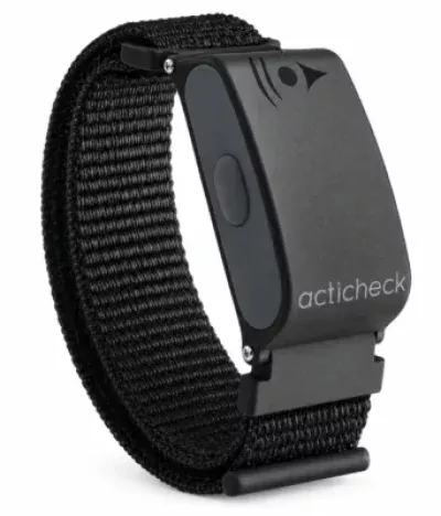Acticheck personal alarm wristband with a black fabric strap